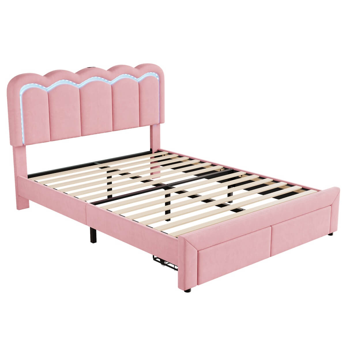 4ft6 Double Velvet Bed Frame with LED Wavy Headboard - Upholstered Bed with Storage Drawers, Charging Station, Pink