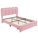 4ft6 Double Velvet Bed Frame with LED Wavy Headboard - Upholstered Bed with Storage Drawers, Charging Station, Pink