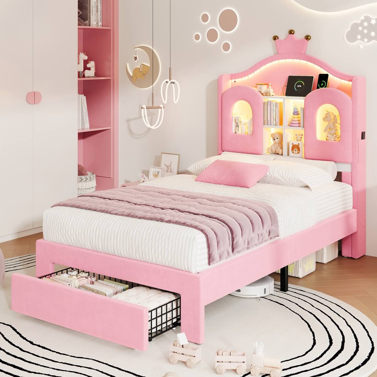 3ft Single Upholstered Storage Bed - Velvet Bed Frame with LED Headboard, Drawer Storage, USB & Type-C Charging Ports, Pink