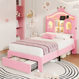 3ft Single Upholstered Storage Bed - Velvet Bed Frame with LED Headboard, Drawer Storage, USB & Type-C Charging Ports, Pink