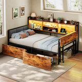 3ft Single Metal Bed Frame with Storage Drawers and Bookcase - L-Shaped Storage Bed with LED Lights, Charging Station, Linen Headboard and Folding Tabletop, Black and Dark Walnut
