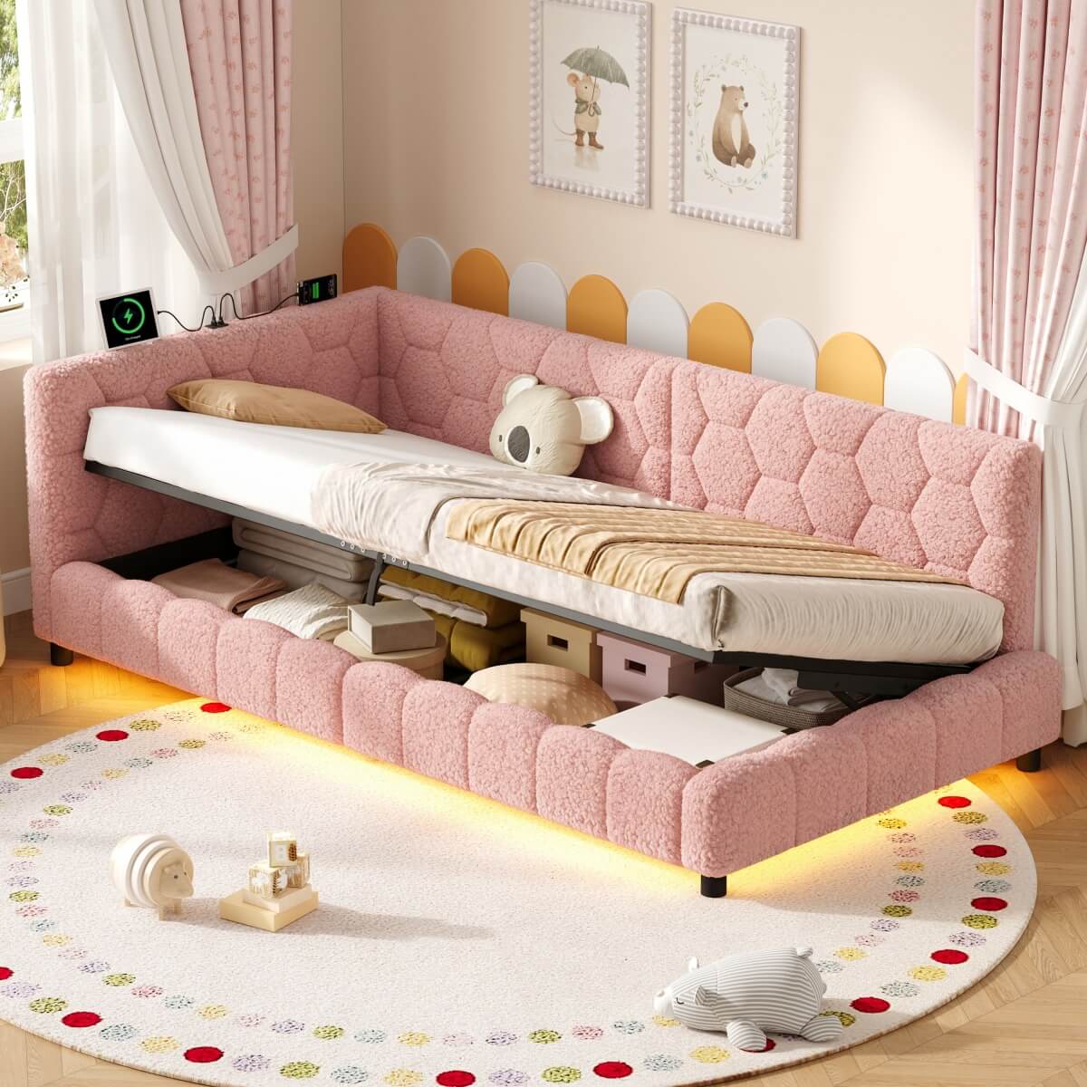 3ft Single Boucle Hydraulic Storage Bed - Side Opening Bed with RGB LED Lights and Charging Station, Pink
