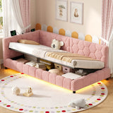 3ft Single Boucle Hydraulic Storage Bed - Side Opening Bed with RGB LED Lights and Charging Station, Pink
