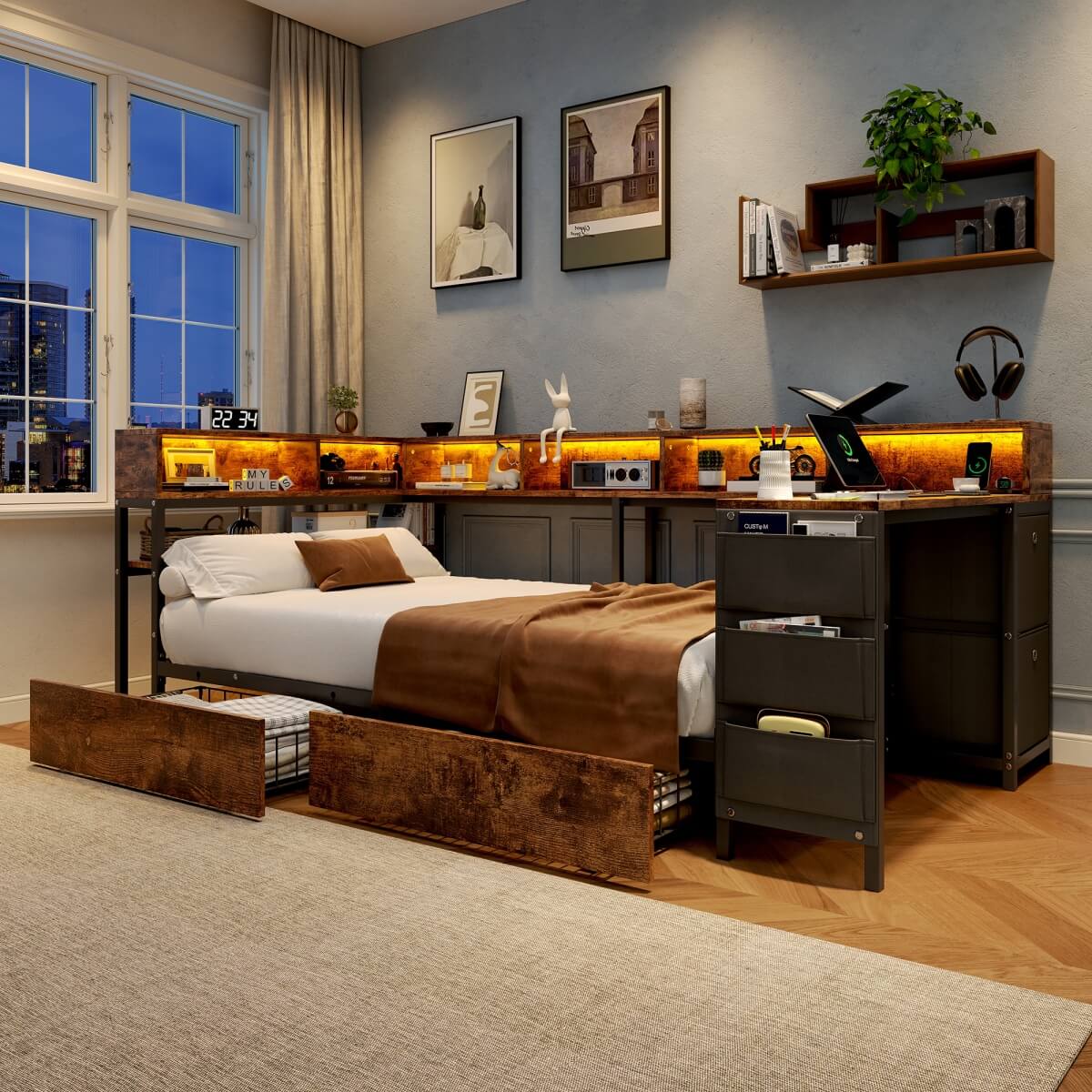 3ft Single Metal Bed Frame with Storage Drawers - LED Bed with Bedside Shelves, Charging Station, Built-In Desk and Fabric Storage Bin, Black and Dark Walnut