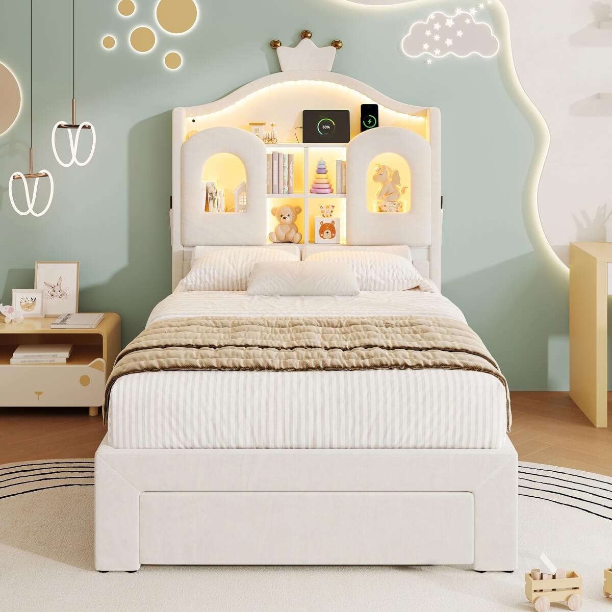 3ft Single Upholstered Storage Bed - Velvet Bed Frame with LED Headboard, Drawer Storage, USB & Type-C Charging Ports, Beige