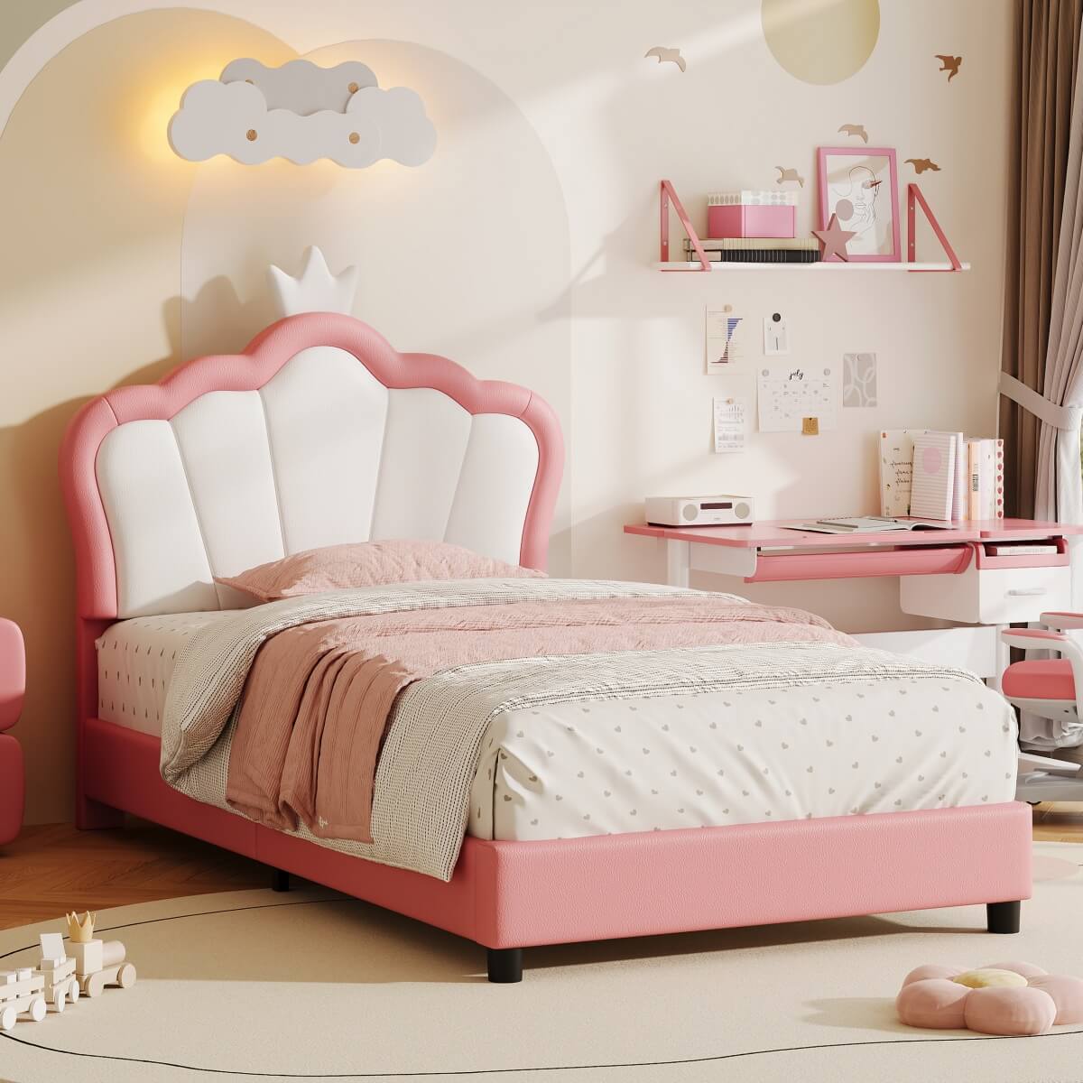 3ft Single Upholstered Bed Frame with Adjustable Crown Headboard - PU Platform Bed with Sturdy Support, No Box Spring Required, Pink and White