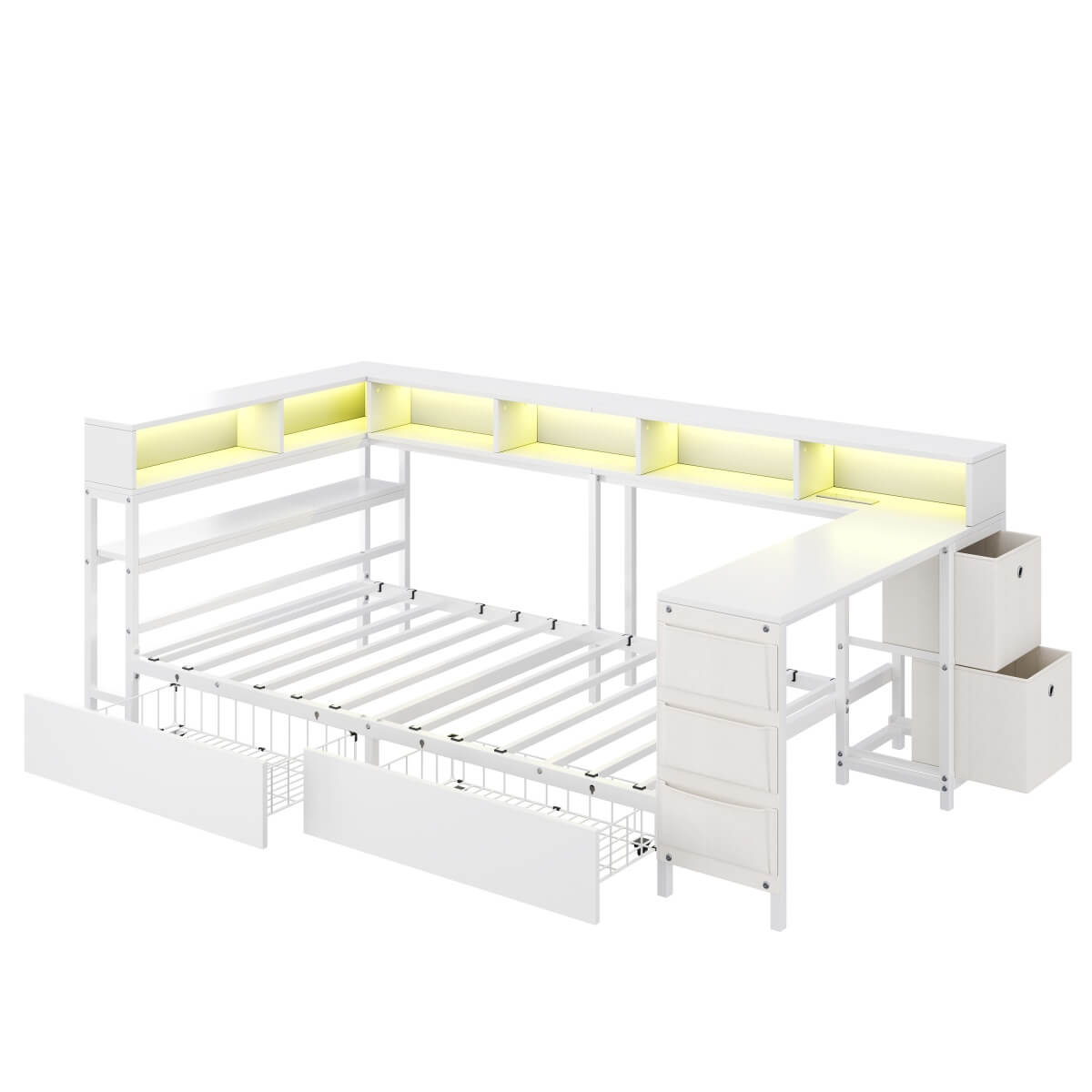3ft Single Metal Bed Frame with Storage Drawers - LED Bed with Bedside Shelves, Charging Station, Built-In Desk and Fabric Storage Bin, White