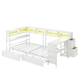 3ft Single Metal Bed Frame with Storage Drawers - LED Bed with Bedside Shelves, Charging Station, Built-In Desk and Fabric Storage Bin, White
