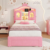 3ft Single Upholstered Storage Bed - Velvet Bed Frame with LED Headboard, Drawer Storage, USB & Type-C Charging Ports, Pink