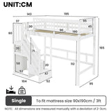 3ft Single Wooden Loft Bed - Storage Staircase with Open Compartments, Under-Bed Space and Full-Length Safety Guard Rails, White