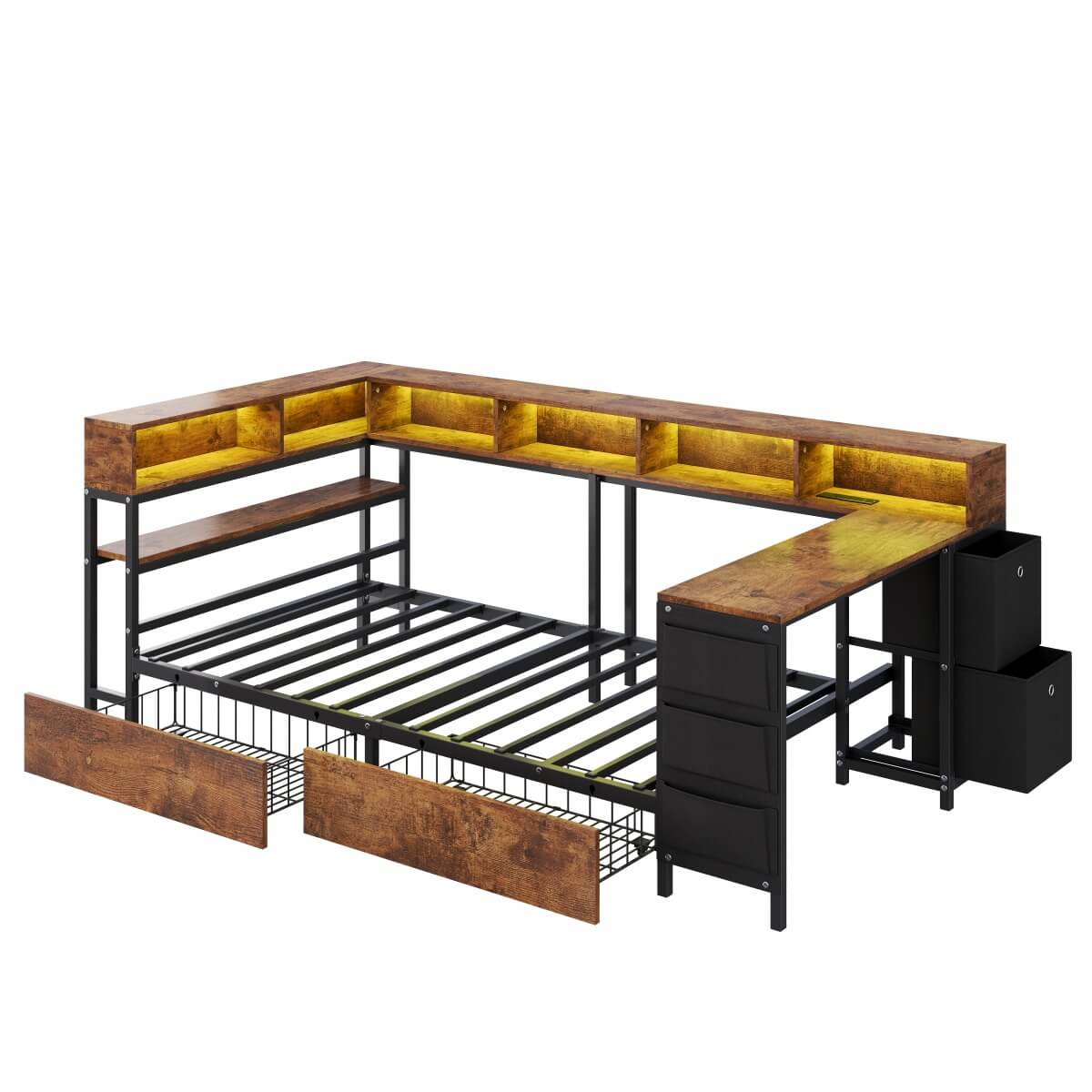 3ft Single Metal Bed Frame with Storage Drawers - LED Bed with Bedside Shelves, Charging Station, Built-In Desk and Fabric Storage Bin, Black and Dark Walnut