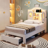 3ft Single Upholstered Storage Bed - Velvet Bed Frame with LED Headboard, Drawer Storage, USB & Type-C Charging Ports, Beige