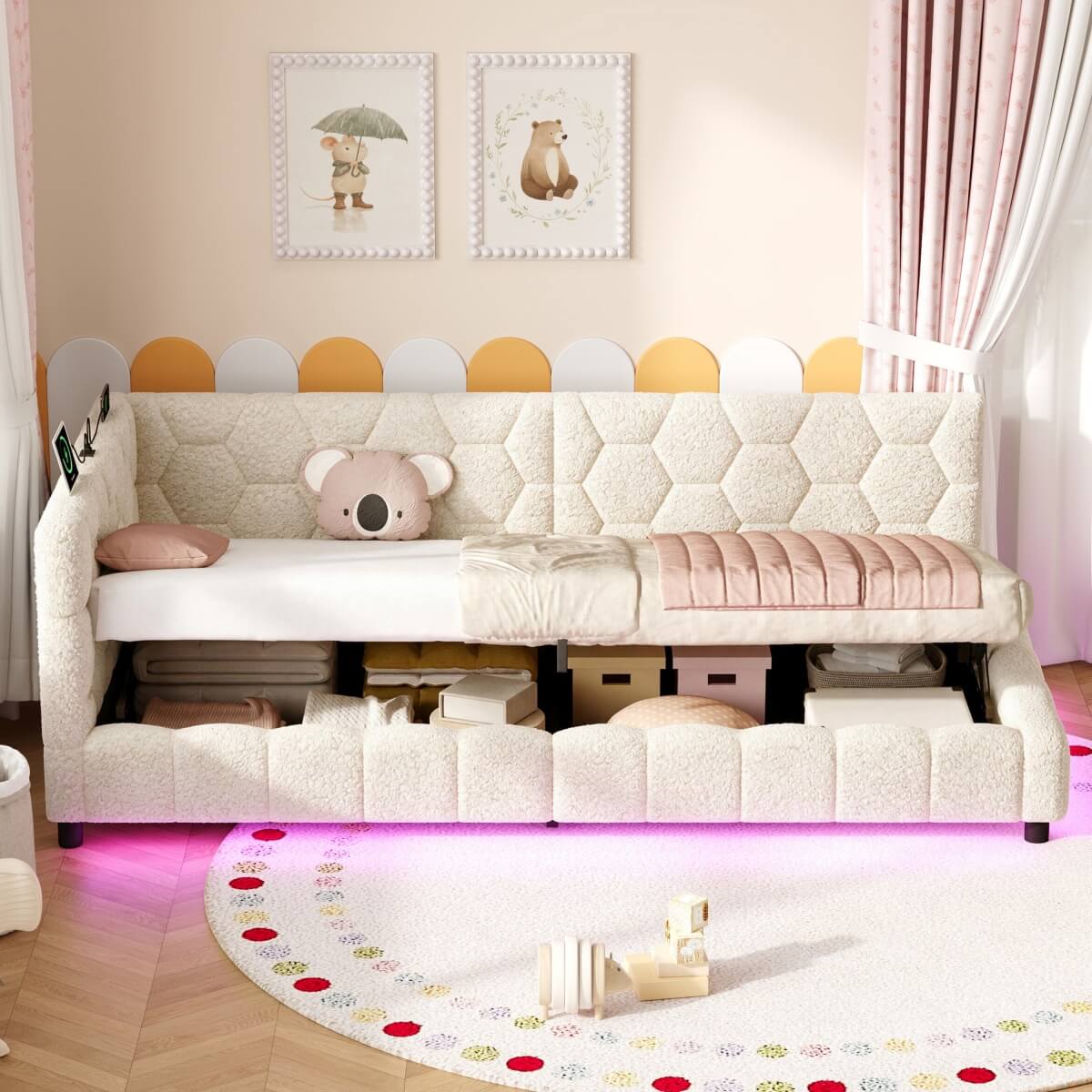 3ft Single Boucle Hydraulic Storage Bed - Side Opening Bed with RGB LED Lights and Charging Station, Beige