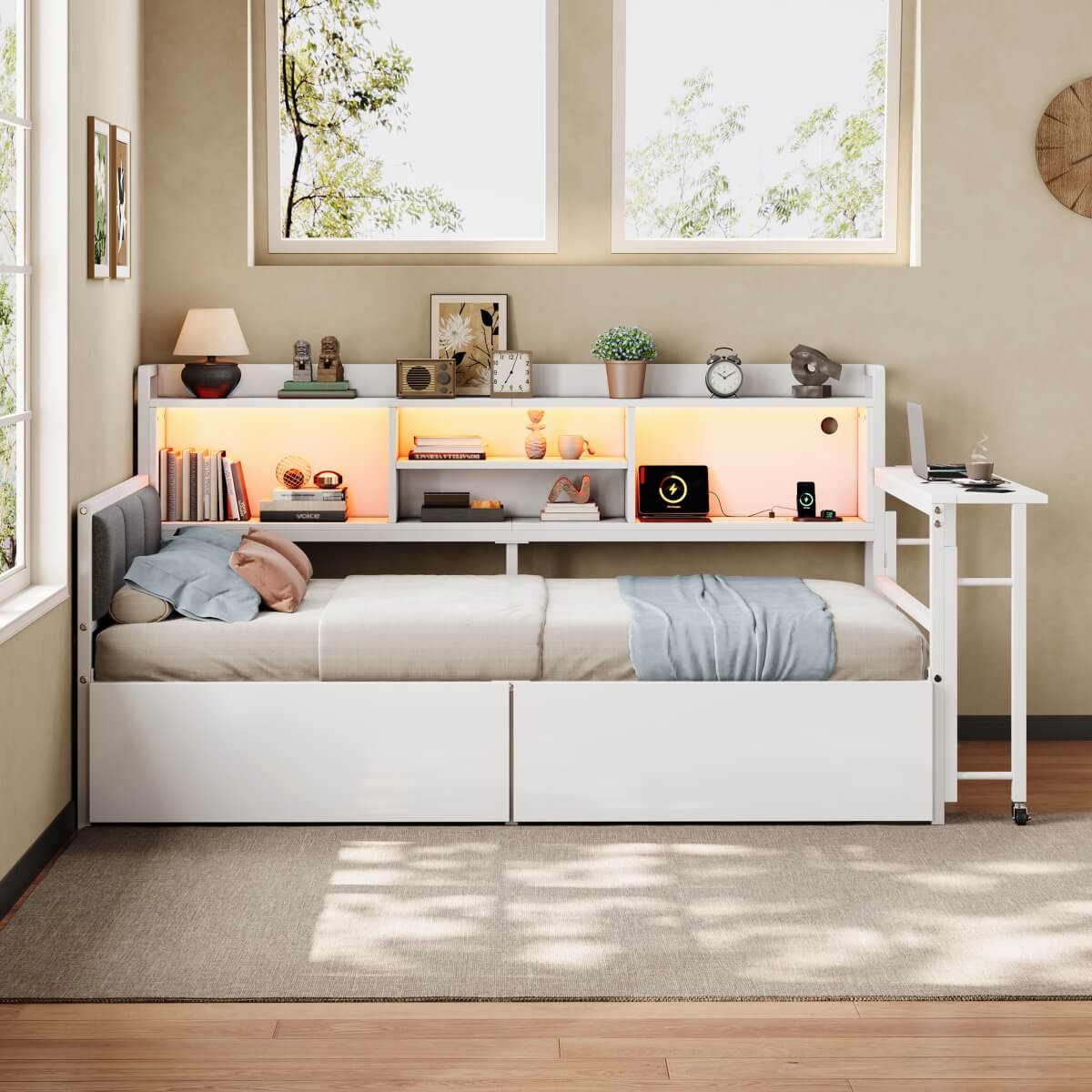 3ft Single Metal Bed Frame with Storage Drawers and Bookcase - L-Shaped Storage Bed with LED Lights, Charging Station, Linen Headboard and 90-Degree Folding Table, White