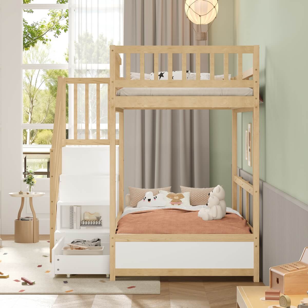 3ft Single over Single Wooden Bunk Bed - Storage Staircase with Open Compartments, Drawer Storage and Full-Length Safety Guard Rails, Natural Wood and White