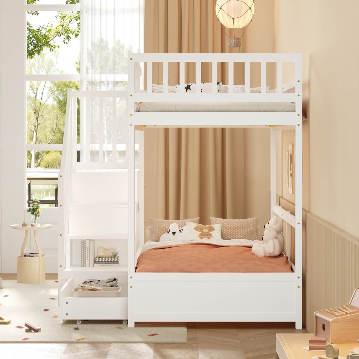 3ft Single over Single Wooden Bunk Bed - Storage Staircase with Open Compartments, Drawer Storage and Full-Length Safety Guard Rails, White