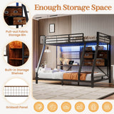 3ft Single over Single Metal Bunk Bed with Desk - RGB LED Lights, Charging Station, Grid Wall Panel, Fabric Storage Bins and Ladder, Black and Dark Walnut