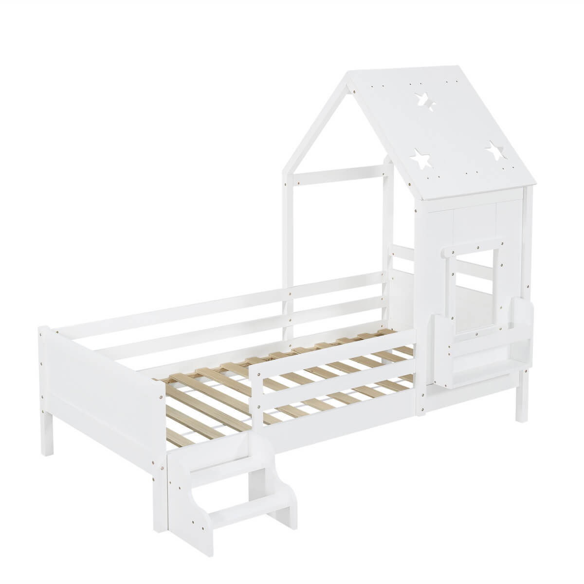 3ft Single Wooden House Bed - Star-Shaped Roof, Low-Level Stairs, Window and Built-In Bookcase, White