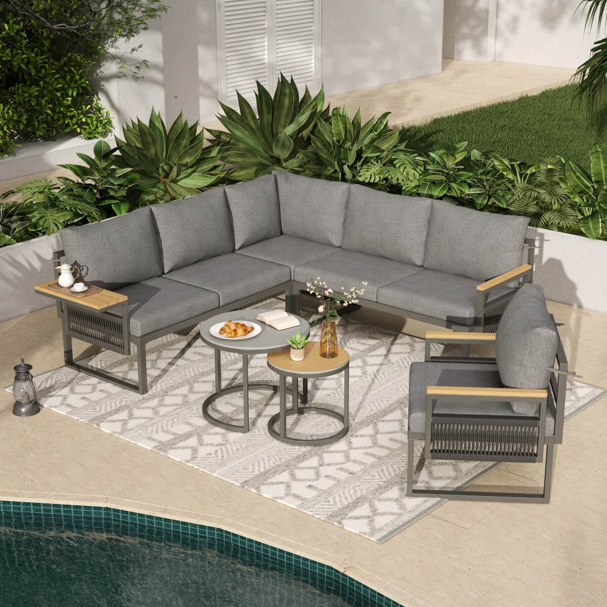 5-6 Seater Rope Woven Garden Furniture Set - Corner Sofa with Armchair and Nesting Coffee Tables, Grey