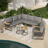5-6 Seater Rope Woven Garden Furniture Set - Corner Sofa with Armchair and Nesting Coffee Tables, Grey