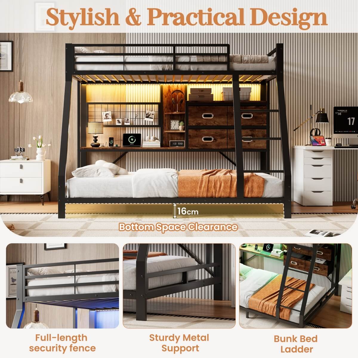 3ft Single over Single Metal Bunk Bed with Desk - RGB LED Lights, Charging Station, Grid Wall Panel, Fabric Storage Bins and Ladder, Black and Dark Walnut