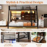 3ft Single over Single Metal Bunk Bed with Desk - RGB LED Lights, Charging Station, Grid Wall Panel, Fabric Storage Bins and Ladder, Black and Dark Walnut