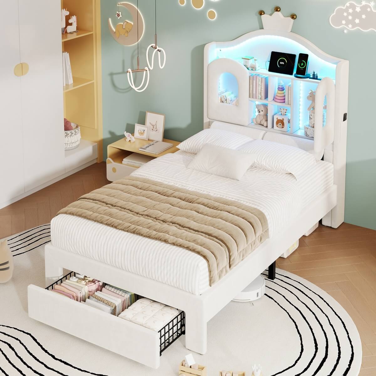 3ft Single Upholstered Storage Bed - Velvet Bed Frame with LED Headboard, Drawer Storage, USB & Type-C Charging Ports, Beige