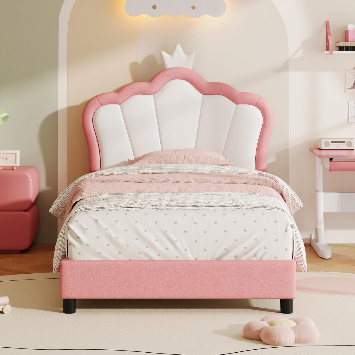 3ft Single Upholstered Bed Frame with Adjustable Crown Headboard - PU Platform Bed with Sturdy Support, No Box Spring Required, Pink and White