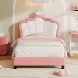 3ft Single Upholstered Bed Frame with Adjustable Crown Headboard - PU Platform Bed with Sturdy Support, No Box Spring Required, Pink and White