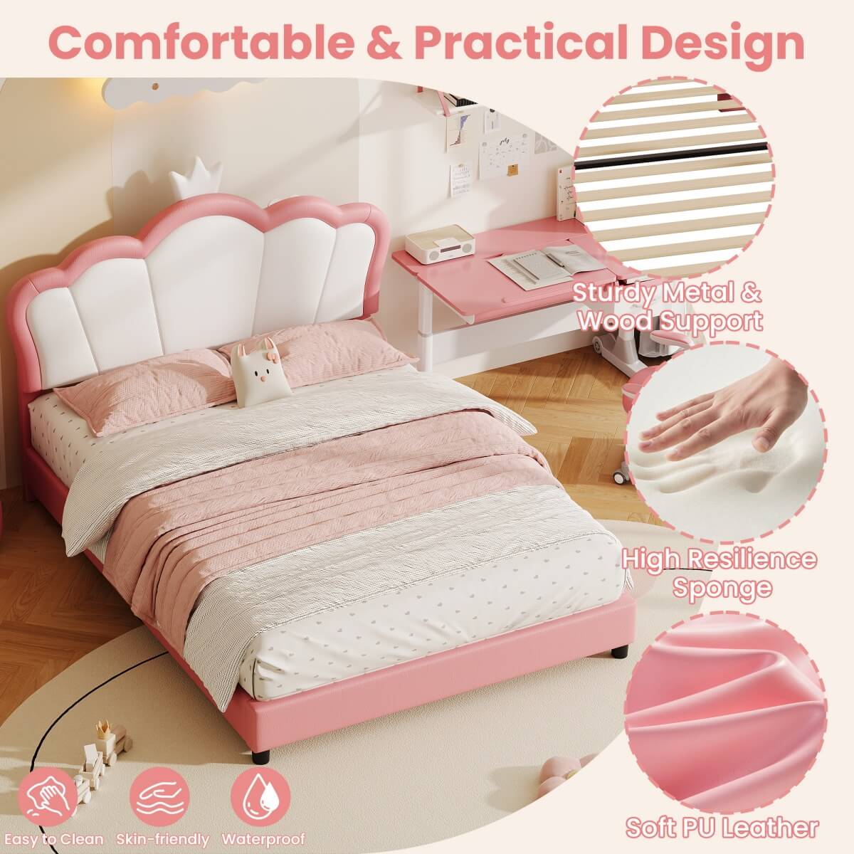 4ft6 Double Upholstered Bed Frame with Adjustable Crown Headboard - PU Platform Bed with Sturdy Support, Easy Assembly, Pink and White