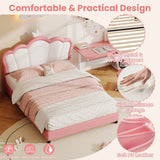 4ft6 Double Upholstered Bed Frame with Adjustable Crown Headboard - PU Platform Bed with Sturdy Support, Easy Assembly, Pink and White