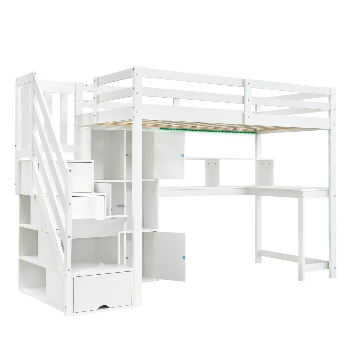 3ft Single Wooden Loft Bed with L-Shaped Desk - Kids Bed Frame with Storage Stairs, RGB LED Lights, Open Shelves and Built-In Storage Cabinet, Space-Saving Design, White
