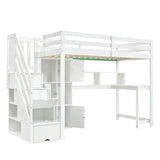 3ft Single Wooden Loft Bed with L-Shaped Desk - Kids Bed Frame with Storage Stairs, RGB LED Lights, Open Shelves and Built-In Storage Cabinet, Space-Saving Design, White