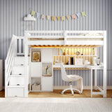 3ft Single Wooden Loft Bed with L-Shaped Desk - Kids Bed Frame with Storage Stairs, RGB LED Lights, Open Shelves and Built-In Storage Cabinet, Space-Saving Design, White