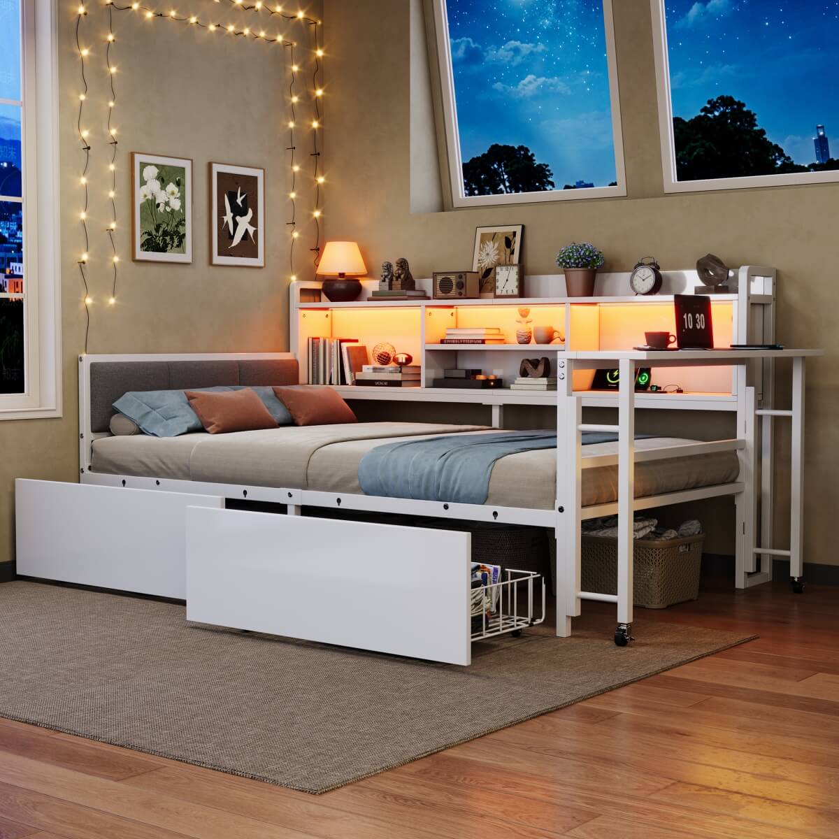 3ft Single Metal Bed Frame with Storage Drawers and Bookcase - L-Shaped Storage Bed with LED Lights, Charging Station, Linen Headboard and 90-Degree Folding Table, White
