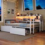 3ft Single Metal Bed Frame with Storage Drawers and Bookcase - L-Shaped Storage Bed with LED Lights, Charging Station, Linen Headboard and 90-Degree Folding Table, White