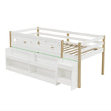 3ft Single Wooden Mid Sleeper Bed with LED Lights - Kids Bed Frame with Storage Stairs, Shelf, Under-Bed Space, Safety Guard Rails and Moon and Star Design, Natural Wood and White
