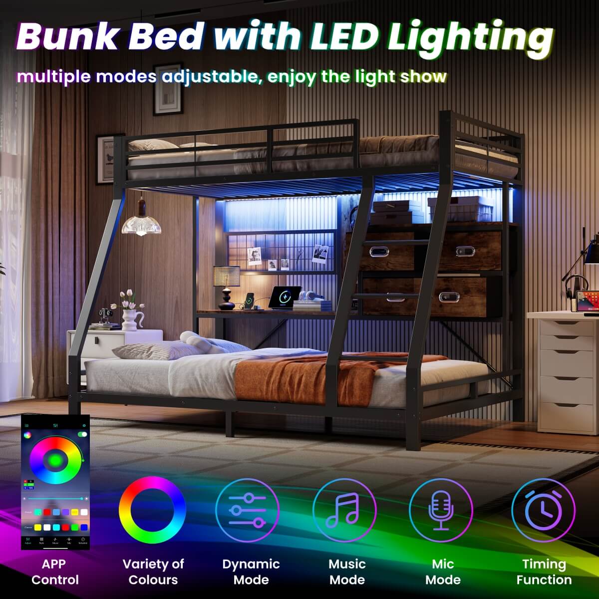 3ft Single over Single Metal Bunk Bed with Desk - RGB LED Lights, Charging Station, Grid Wall Panel, Fabric Storage Bins and Ladder, Black and Dark Walnut