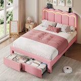 4ft6 Double Velvet Bed Frame with LED Wavy Headboard - Upholstered Bed with Storage Drawers, Charging Station, Pink