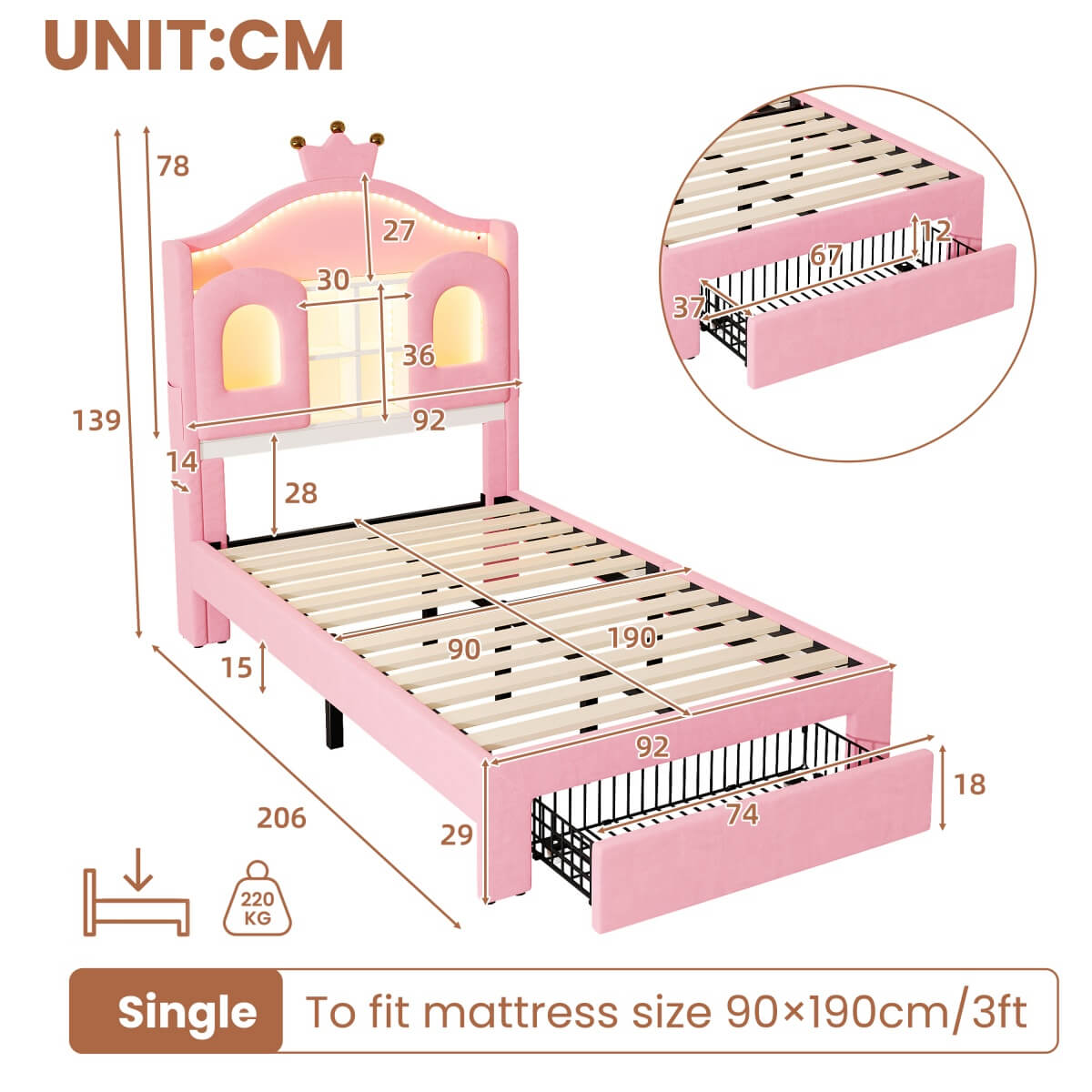 3ft Single Upholstered Storage Bed - Velvet Bed Frame with LED Headboard, Drawer Storage, USB & Type-C Charging Ports, Pink