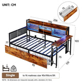 3ft Single Metal Bed Frame with Storage Drawers and Bookcase - L-Shaped Storage Bed with LED Lights, Charging Station, Linen Headboard and Folding Tabletop, Black and Dark Walnut