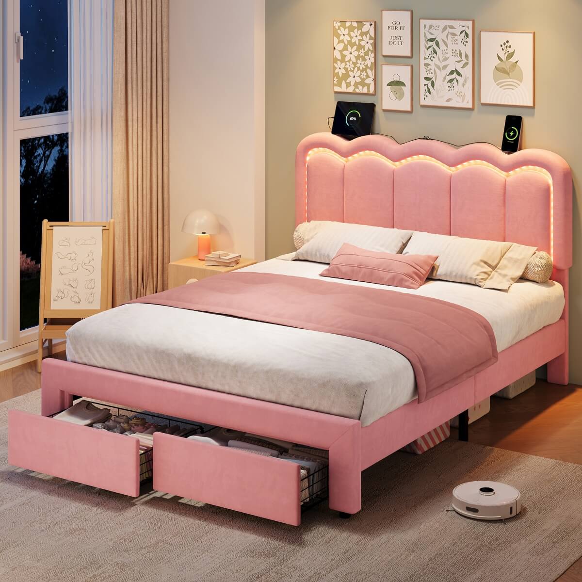 4ft6 Double Velvet Bed Frame with LED Wavy Headboard - Upholstered Bed with Storage Drawers, Charging Station, Pink