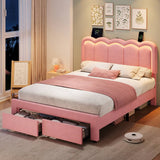 4ft6 Double Velvet Bed Frame with LED Wavy Headboard - Upholstered Bed with Storage Drawers, Charging Station, Pink