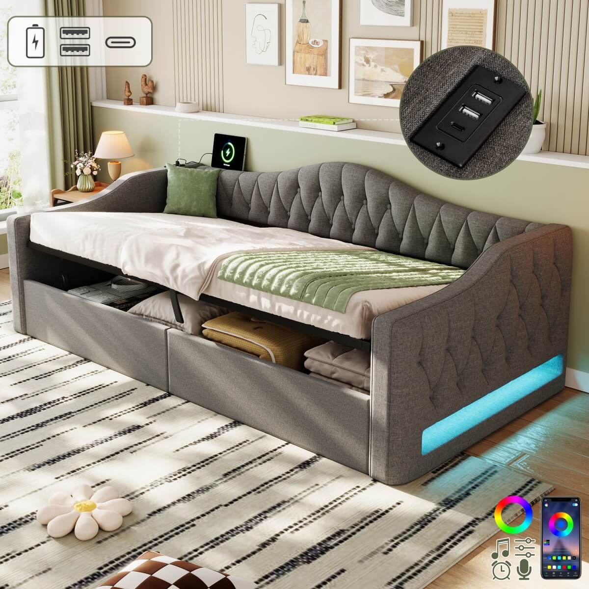 3ft Single Upholstered Ottoman Daybed - Linen Sofa Bed with Hydraulic Storage, Button-Tufted Headboard and Charging Station, Grey