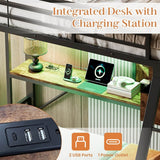 3ft Single over Single Metal Bunk Bed with Desk - RGB LED Lights, Charging Station, Grid Wall Panel, Fabric Storage Bins and Ladder, Black and Dark Walnut