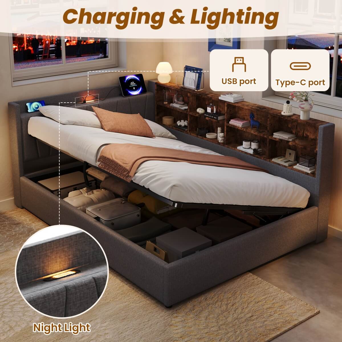 4ft6 Double Ottoman Bed Frame with Hydraulic Storage - Upholstered Linen Bed with LED Headboard, Charging Station, Bedside Shelves and Storage Compartments, Grey