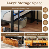 3ft Single Metal Bed Frame with Storage Drawers and Bookcase - L-Shaped Storage Bed with LED Lights, Charging Station, Linen Headboard and Folding Tabletop, Black and Dark Walnut