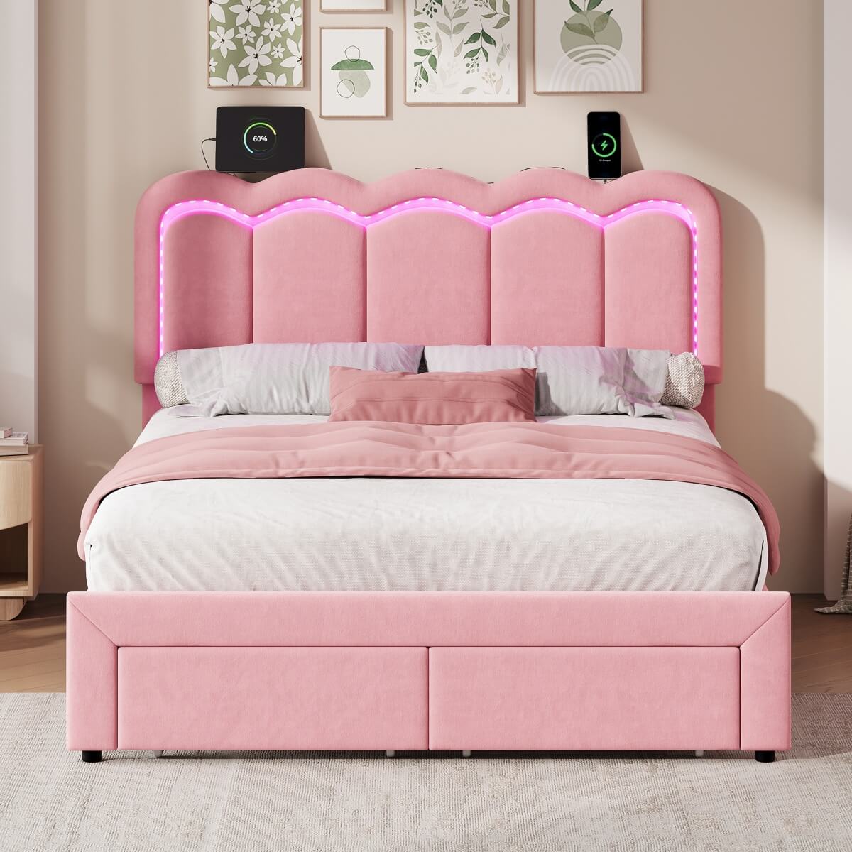 4ft6 Double Velvet Bed Frame with LED Wavy Headboard - Upholstered Bed with Storage Drawers, Charging Station, Pink