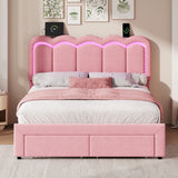 4ft6 Double Velvet Bed Frame with LED Wavy Headboard - Upholstered Bed with Storage Drawers, Charging Station, Pink