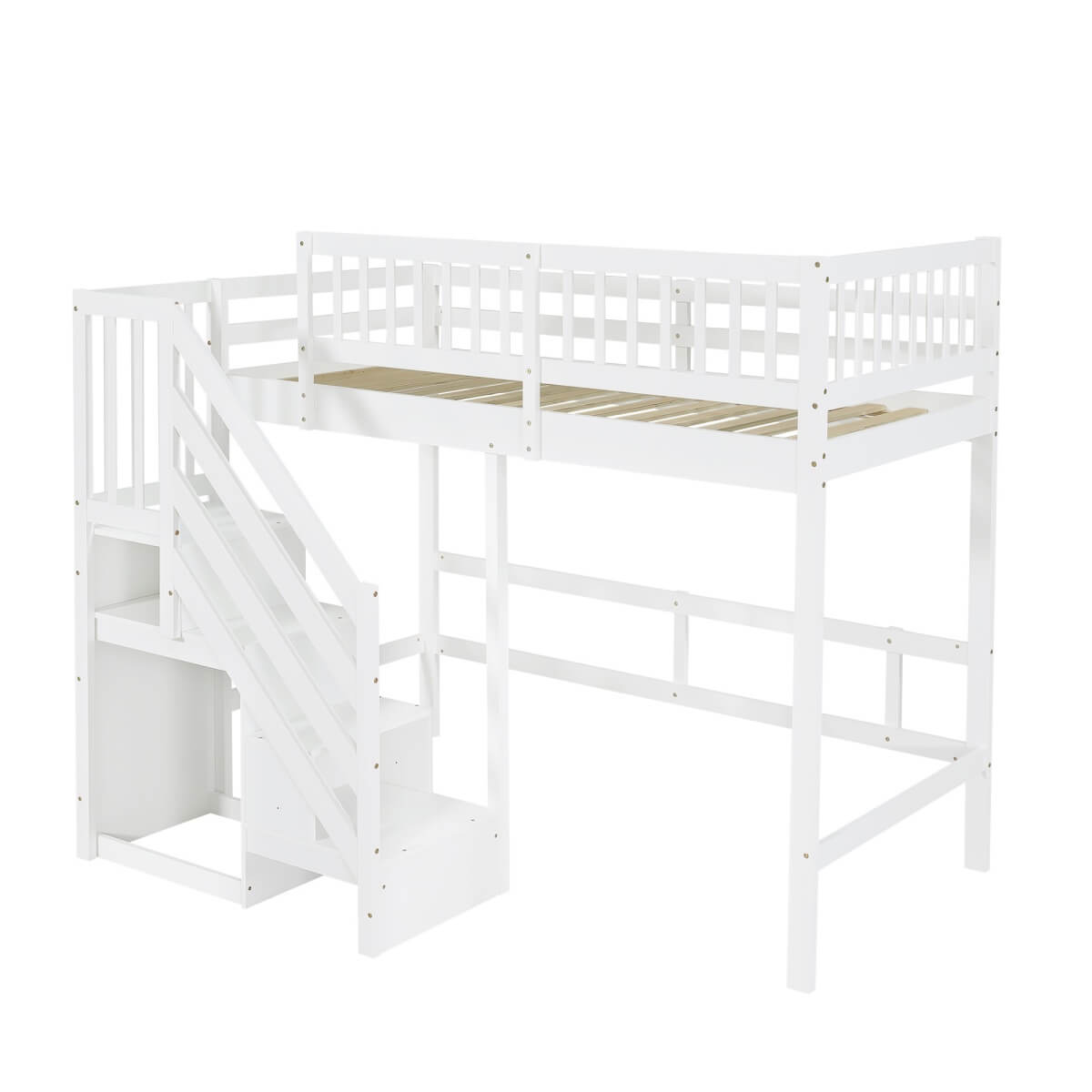 3ft Single Wooden Loft Bed - Storage Staircase with Open Compartments, Under-Bed Space and Full-Length Safety Guard Rails, White
